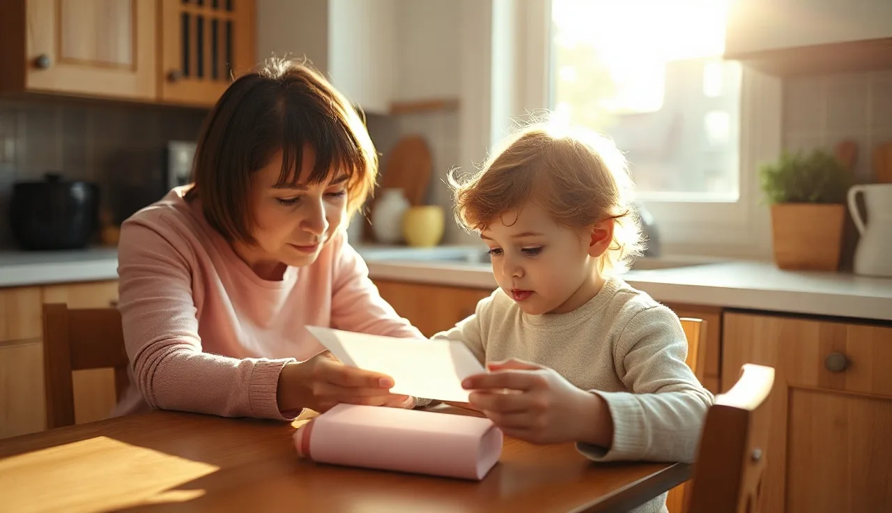Young child and adult reviewing reading materials at a sunlit kitchen table