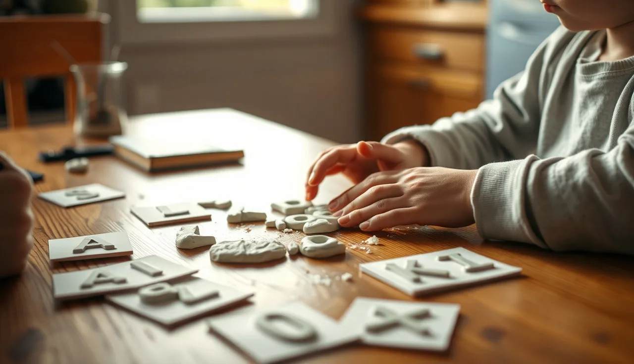 Child's hands pressing clay phonics letters onto a wooden table at home