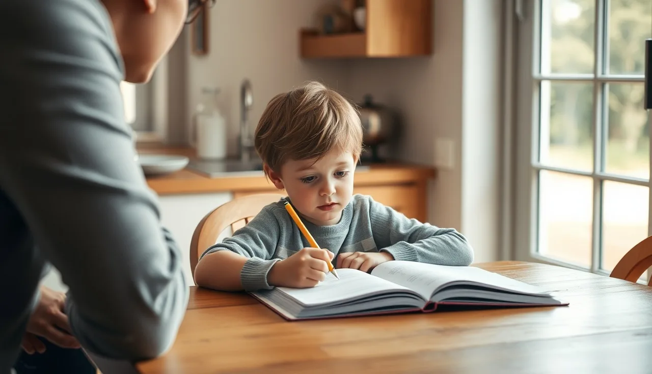 Child at kitchen table working through a workbook with a parent nearby