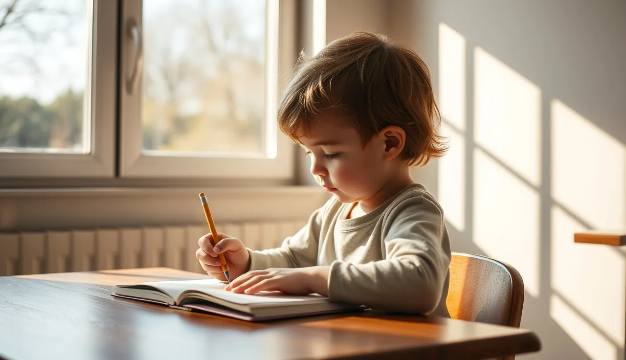 Child writing at a desk by a sunny window, representing reading and learning struggles