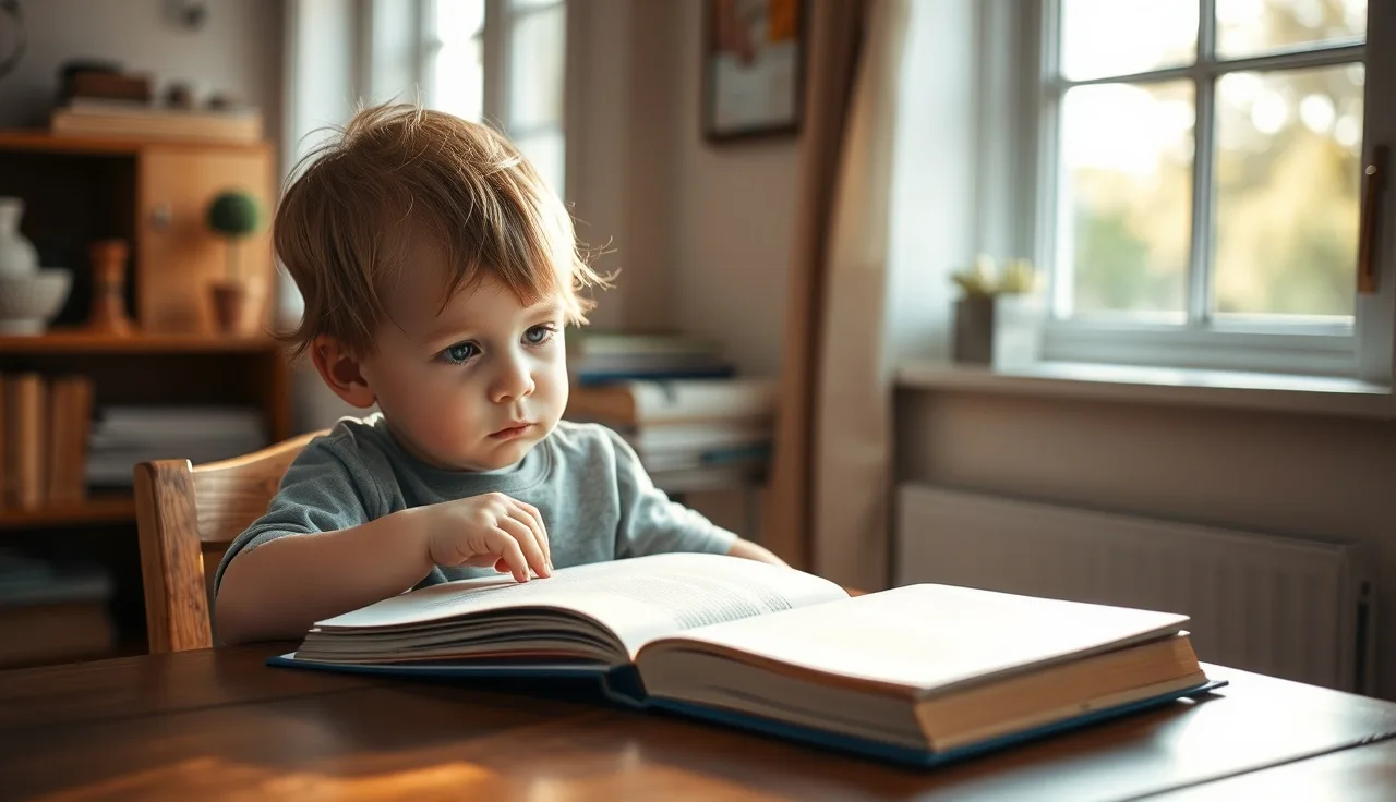 Child with furrowed brow reading a book at a sunlit table, showing reading difficulty