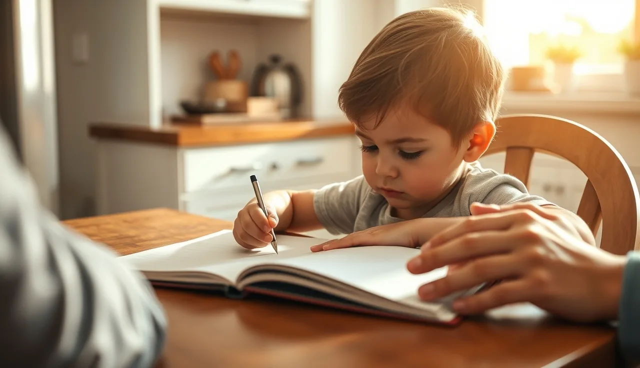 Child tracing letters in a notebook at a kitchen table, adult nearby