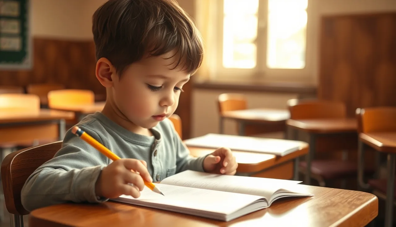 Young child sitting at a school desk looking at reading papers in morning light