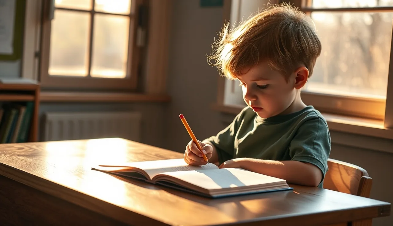 Young child working at a desk with a pencil, representing reading struggles