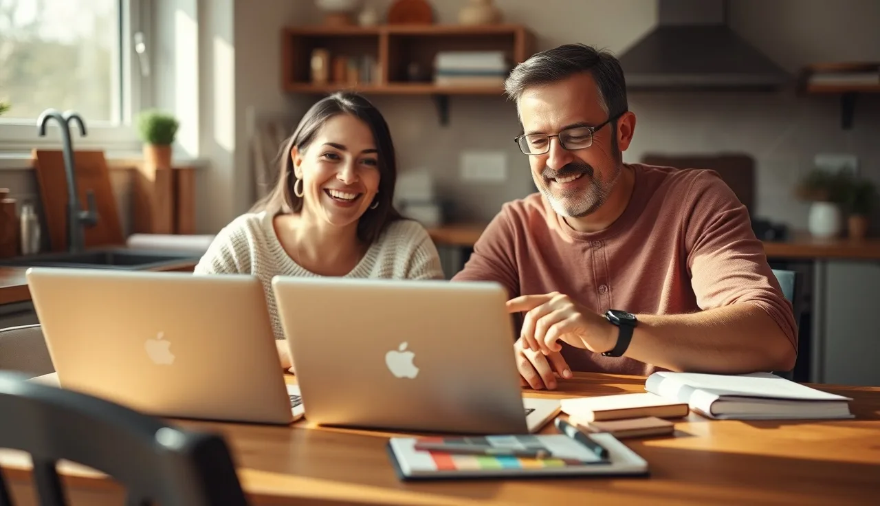 Two parents reviewing something on laptops at a kitchen table in warm afternoon light