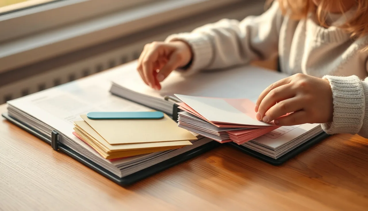 Child's hands organizing colorful index cards in an open reading binder at a wooden table