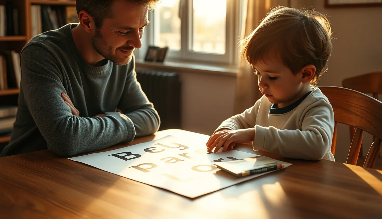 Child pointing at printed letters at a table with adult tutor nearby