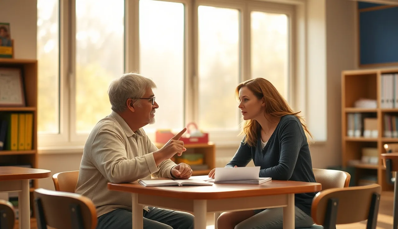 Parent and teacher reviewing papers together at a classroom table discussing a child's dyslexia evaluation
