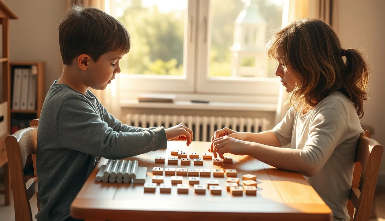Child and tutor working with letter tiles at a sunlit wooden table