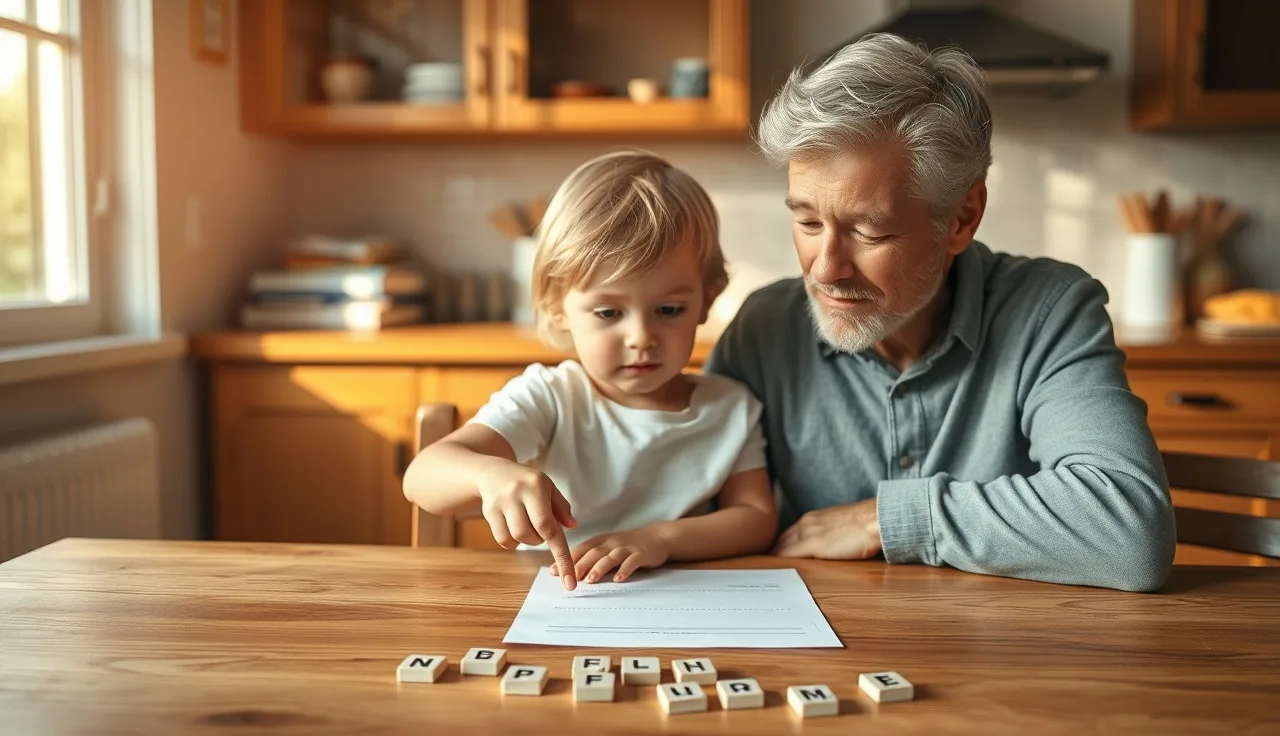 Child and adult working together at a table with letter tiles for dyslexia practice
