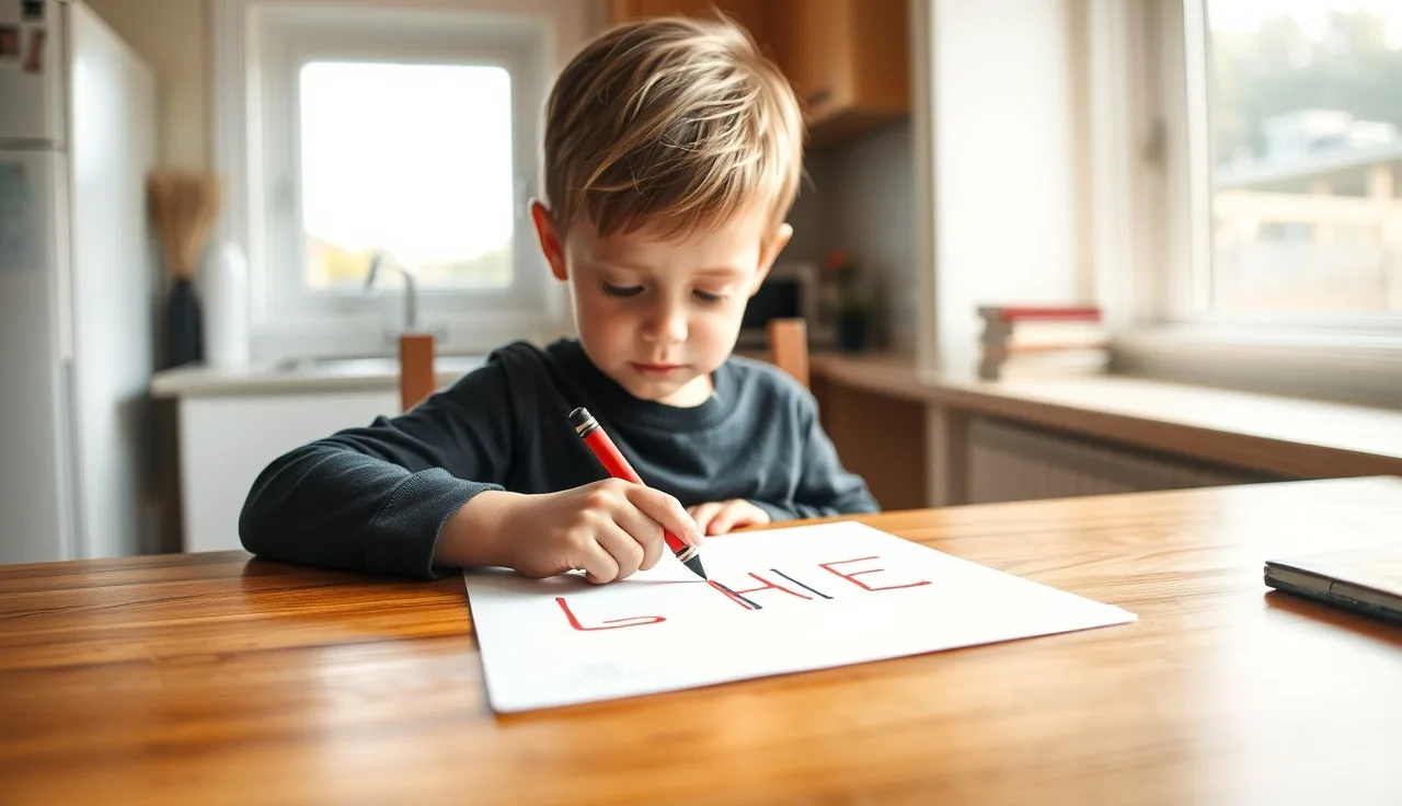 Child writing large letters on paper at a wooden kitchen table in morning light