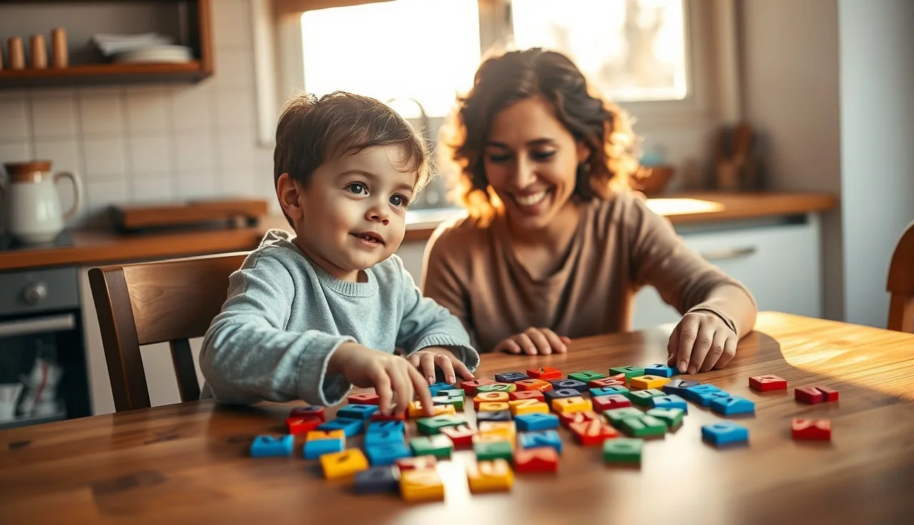 Parent and child practicing reading with letter tiles at a kitchen table