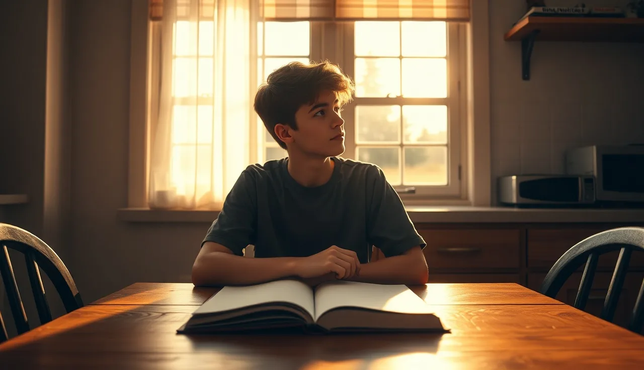 Teenage student sitting at kitchen table looking away, struggling with reading