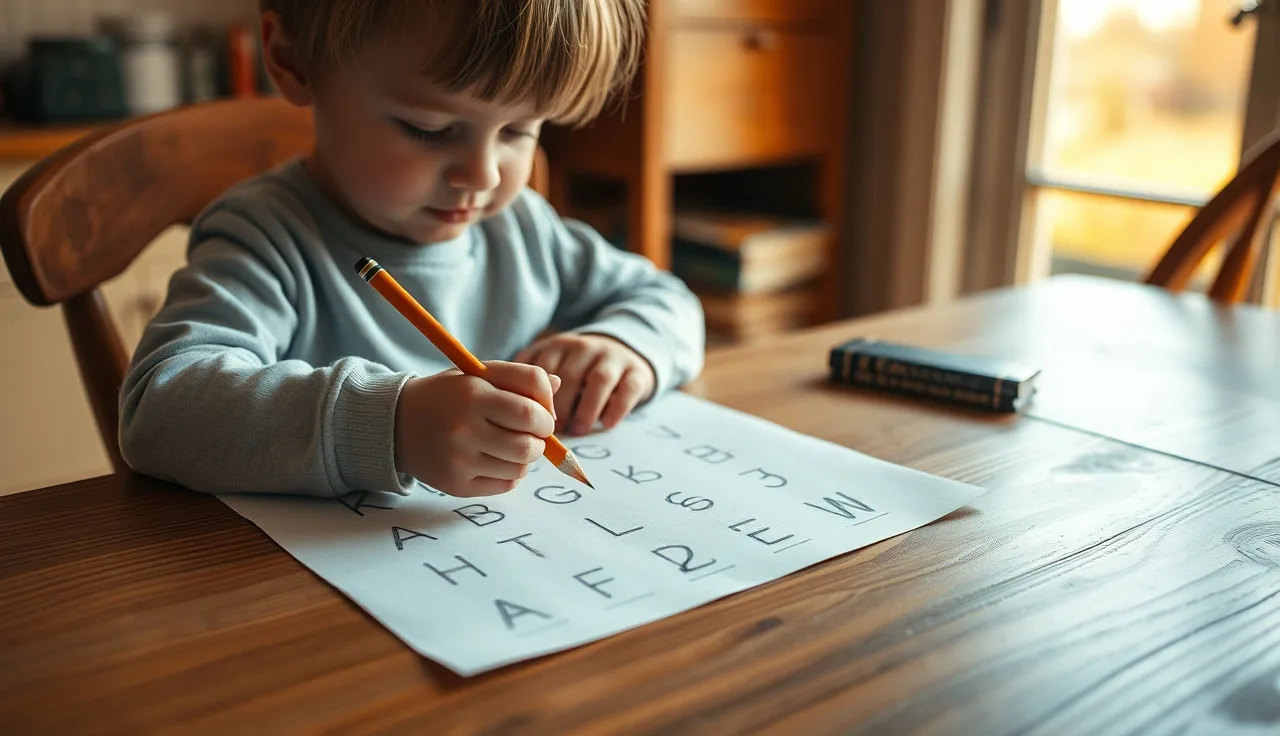 Child tracing letters at kitchen table with adult guiding, dyslexia support