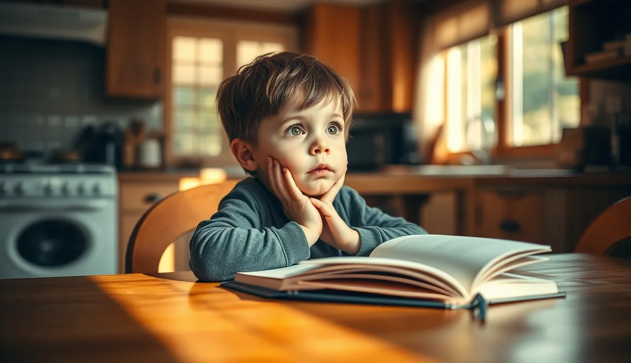 Child sitting at kitchen table with open book, looking up with a thoughtful expression