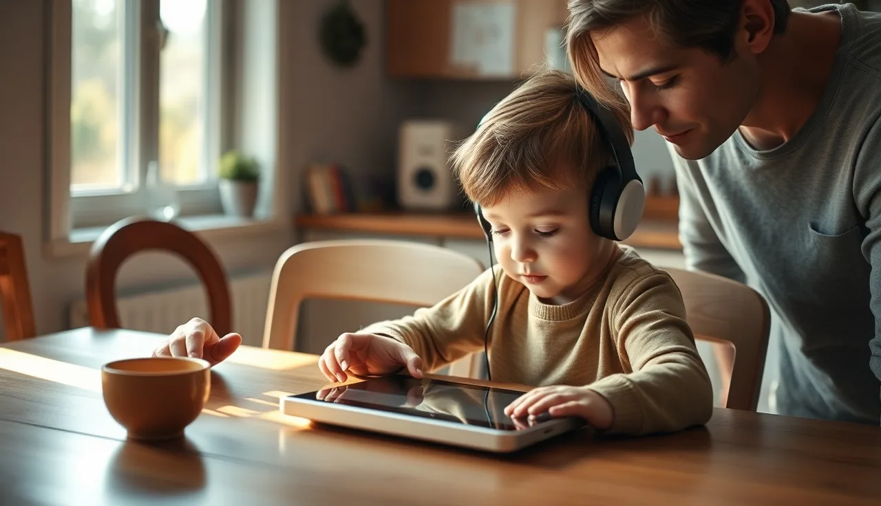 Child with headphones listening to an audiobook on a tablet with a parent