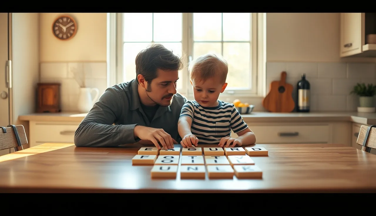 Parent and child working together with letter tiles at a sunny kitchen table