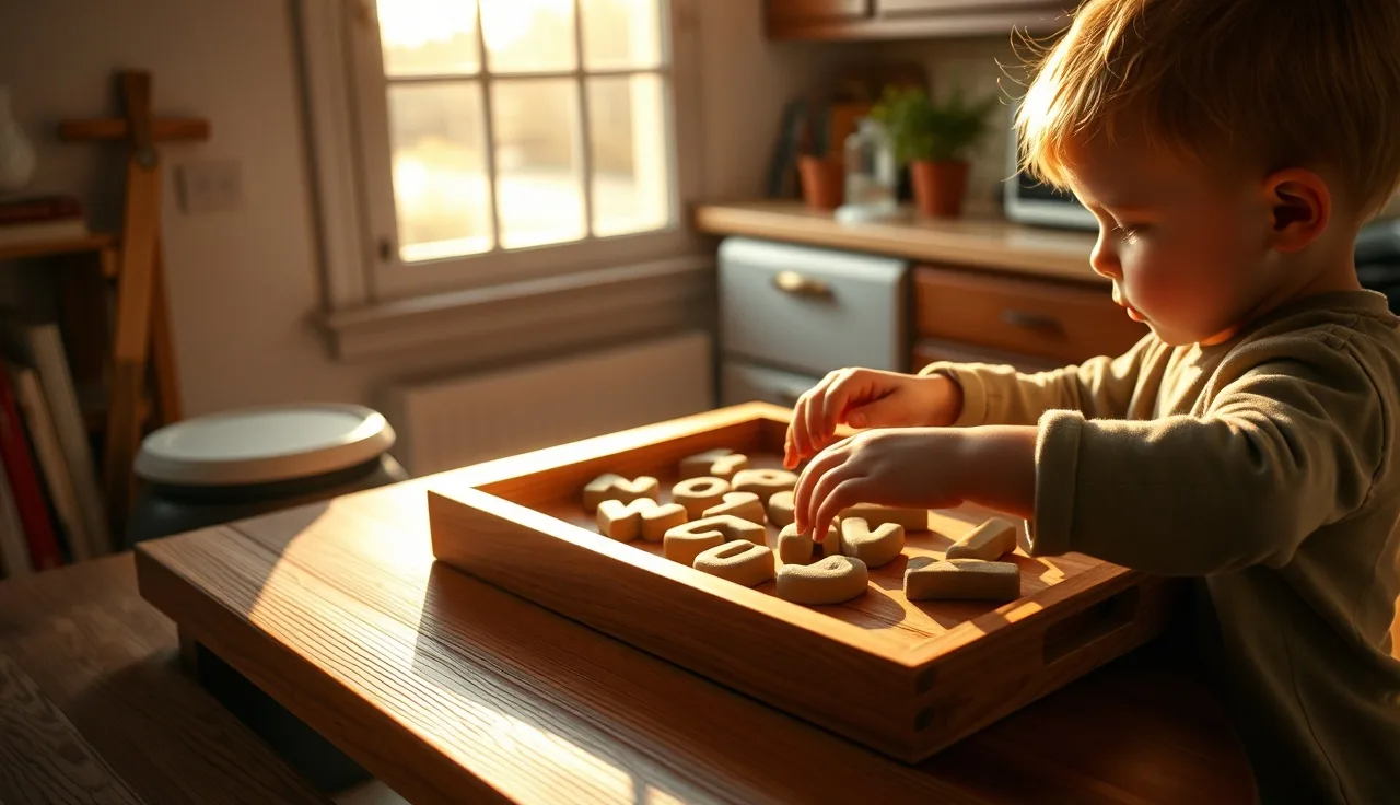 Child pressing clay letters onto a tray during multisensory spelling practice at home