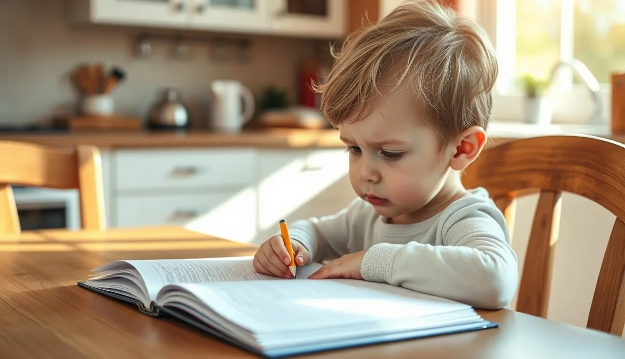 Child sitting at kitchen table struggling to read from an open workbook