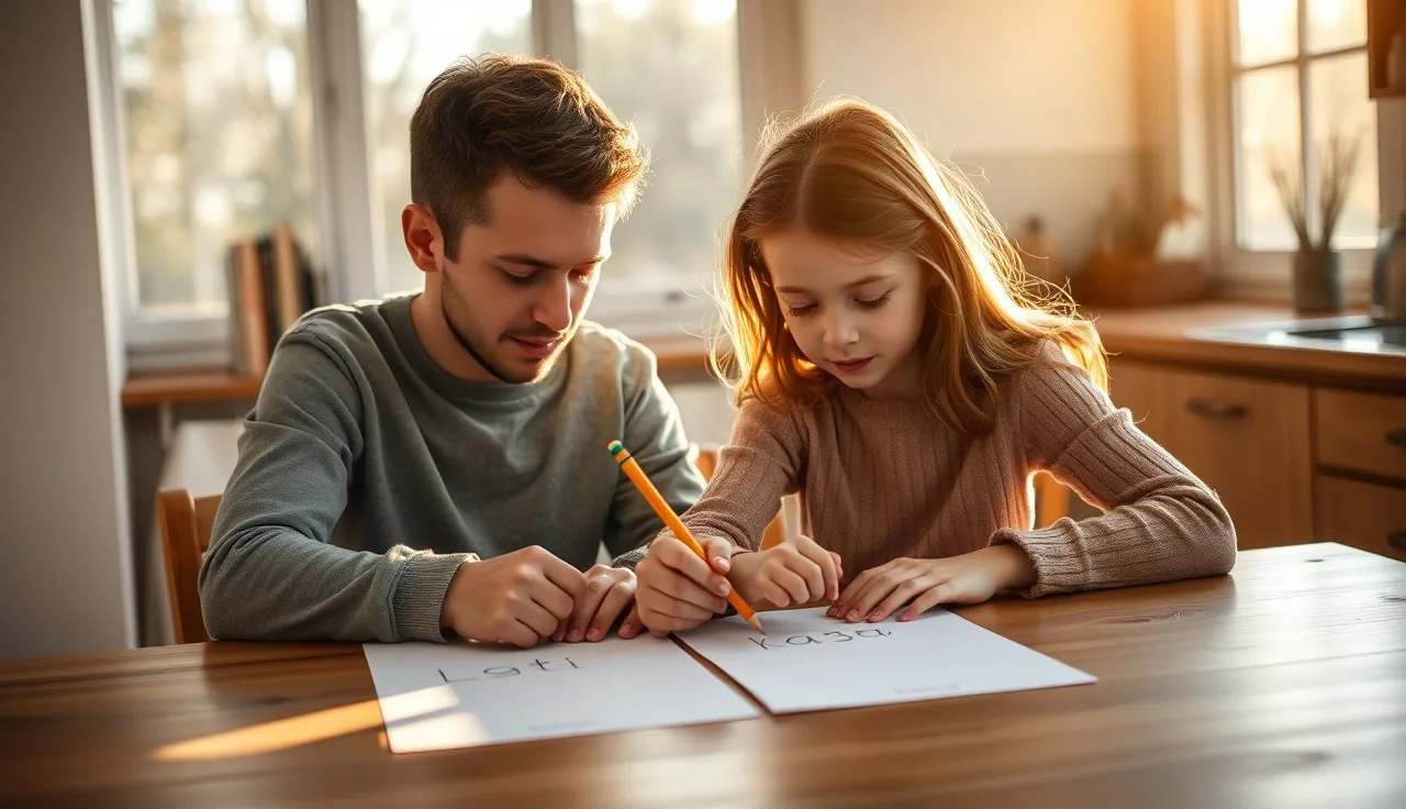 Child tracing letters with adult support at kitchen table during reading practice
