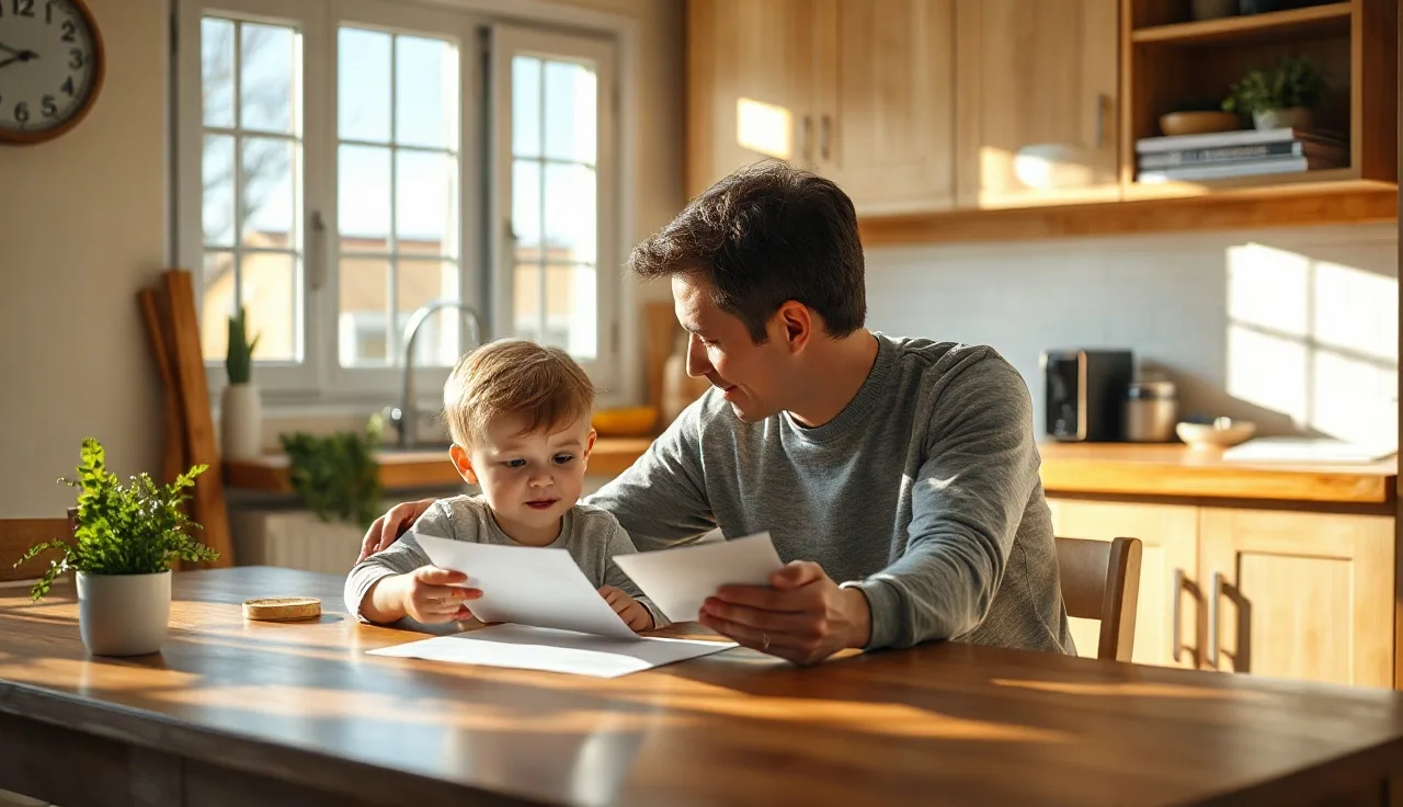 Parent and child working together at a table, early morning light