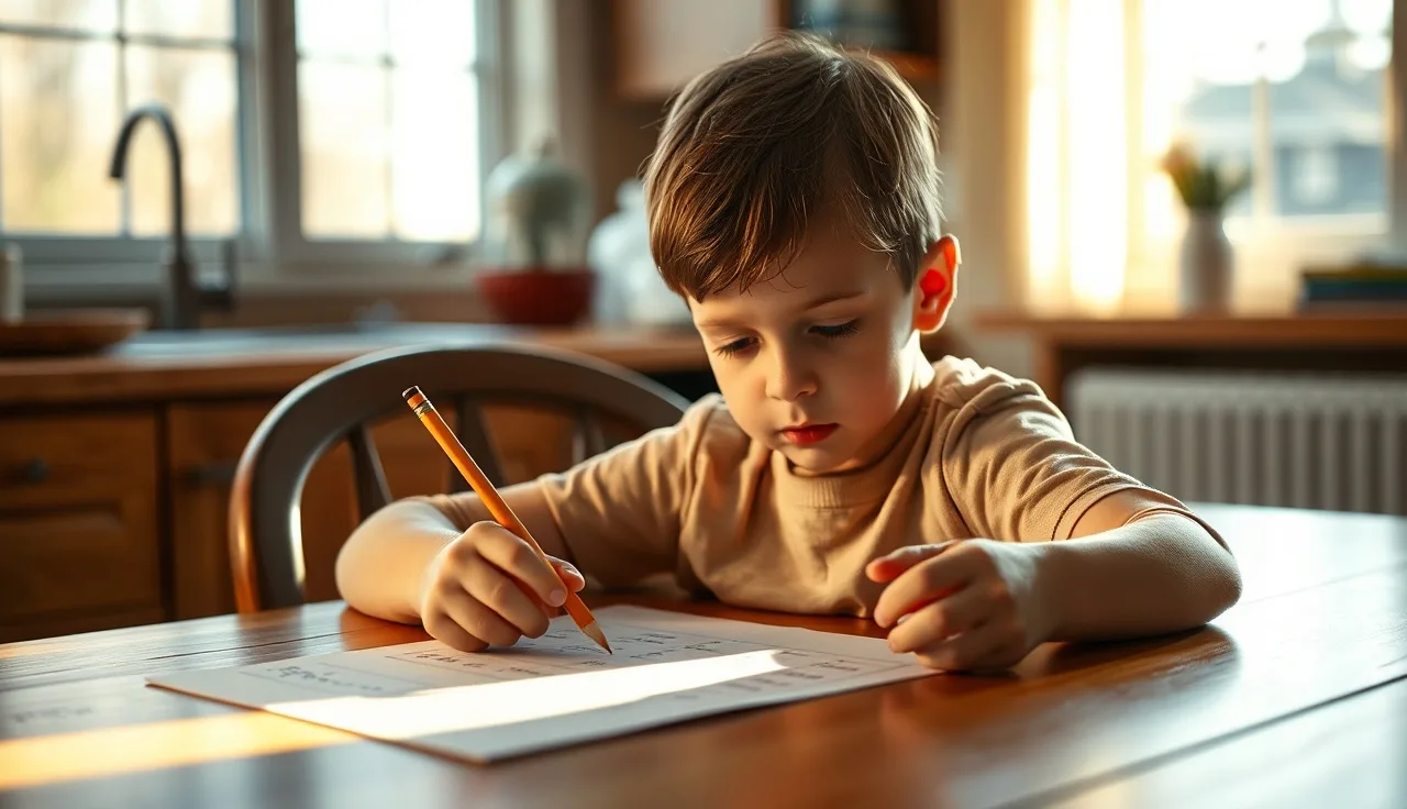 Child with focused expression doing reading work at a sunny kitchen table