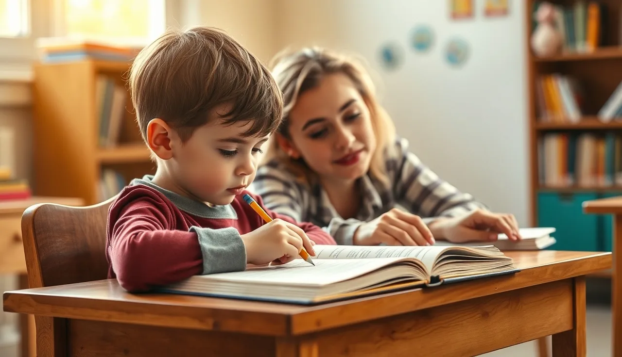 Child and adult working together at a school desk over a reading workbook