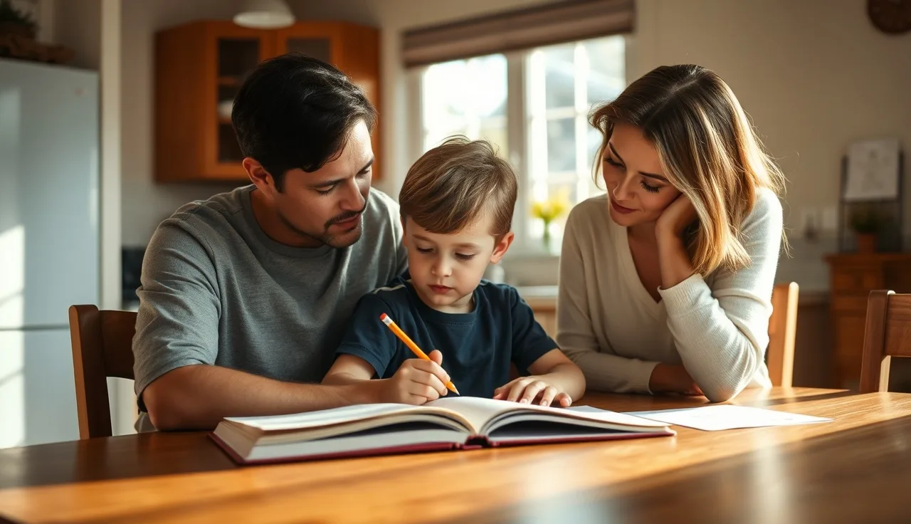 Child and parent working together at kitchen table on reading practice