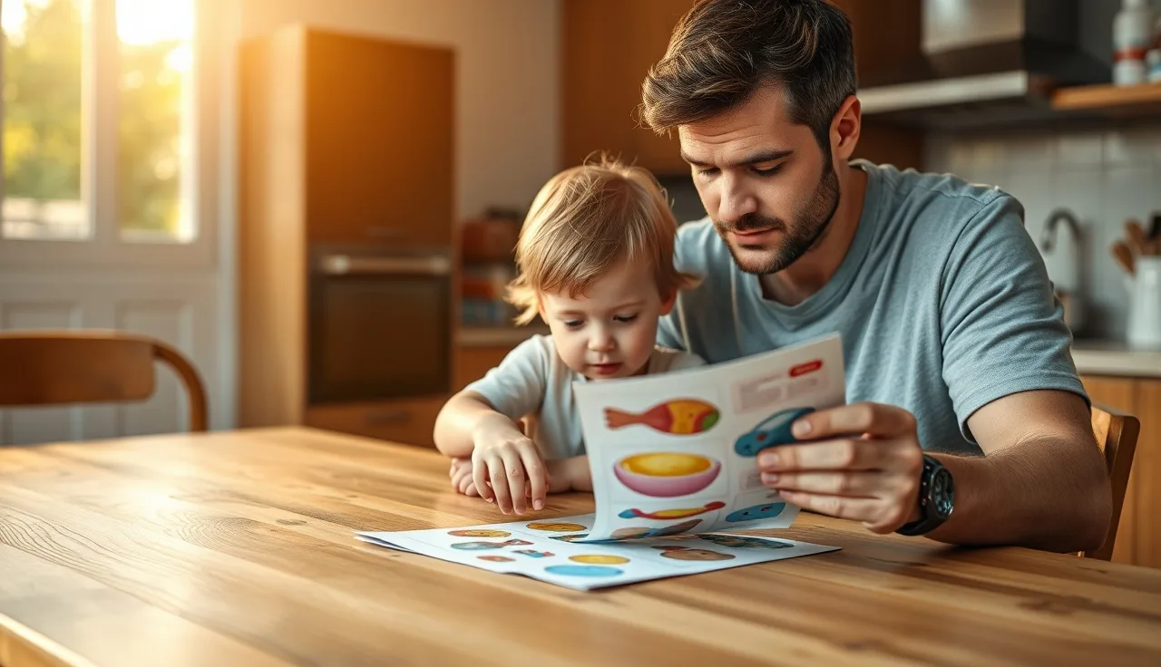 Parent and child at kitchen table reviewing a learning activity together