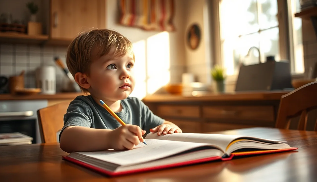 Child with pencil pausing over a workbook at a kitchen table, afternoon light