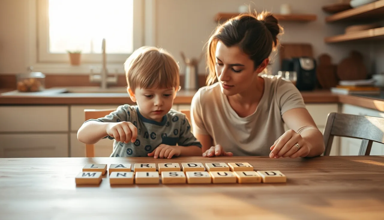 Adult and child working with letter tiles at a kitchen table during reading instruction