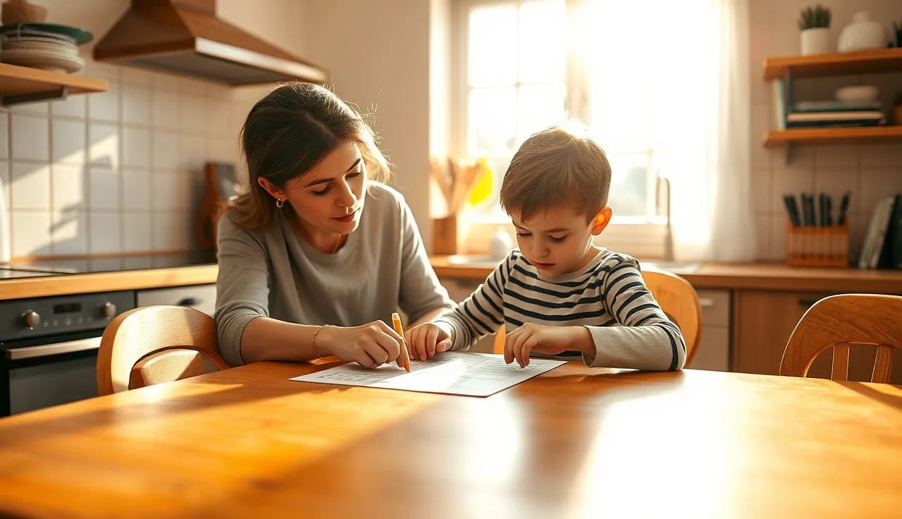 Parent and child reviewing a reading worksheet together at a kitchen table