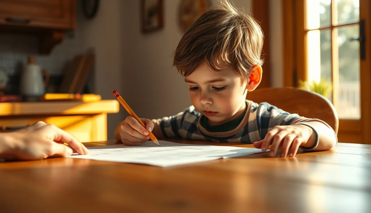 Child working at kitchen table with paper and pencil, adult hand nearby