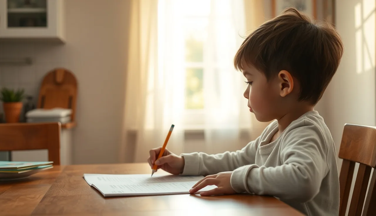 Child working on reading exercises at a kitchen table with parent nearby