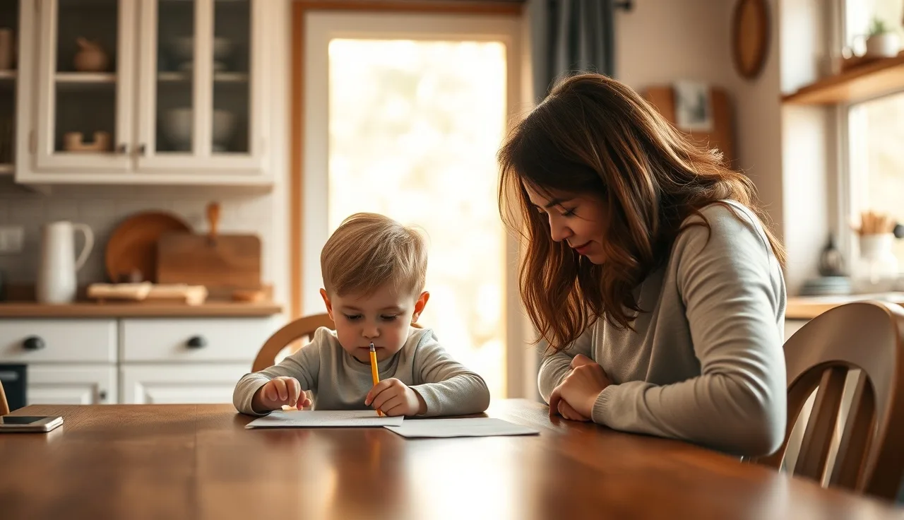 Child and parent working together at a kitchen table on reading practice