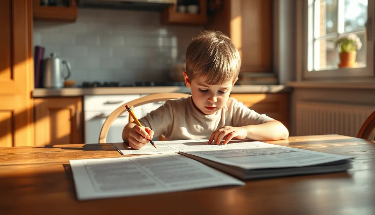 Child sitting at kitchen table studying papers, representing learning disability awareness