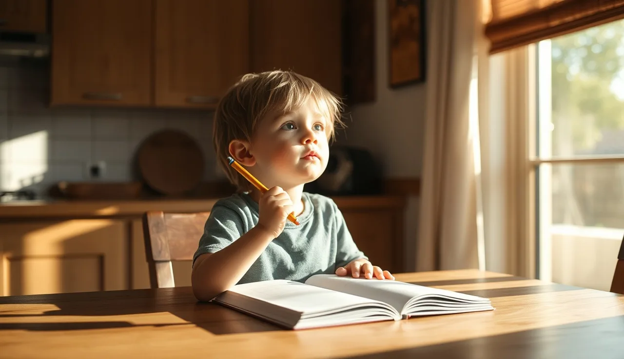 Child at kitchen table with pencil and notebook, looking up thoughtfully in warm light