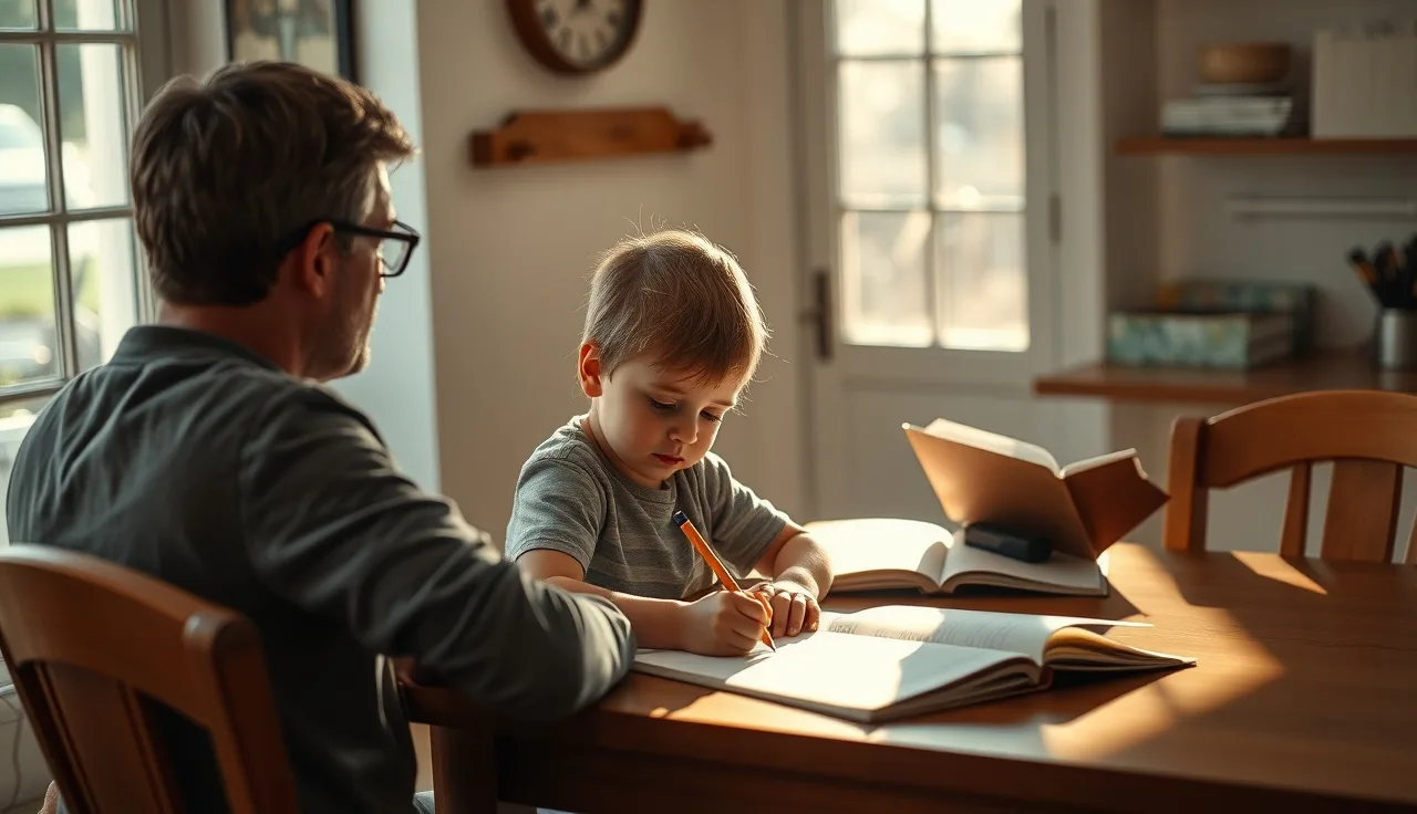 Child and adult working together at a kitchen table on reading and writing exercises