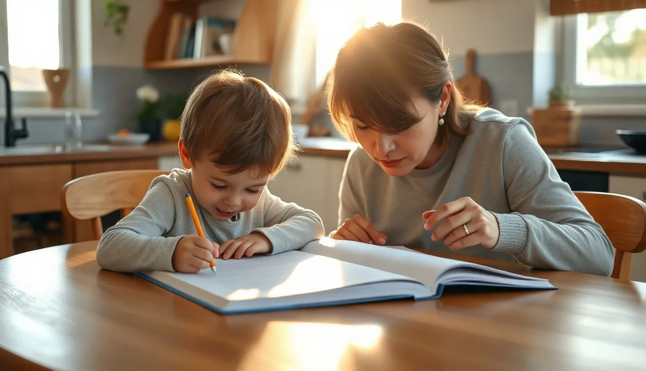 Child and adult working together at a kitchen table on reading and writing practice