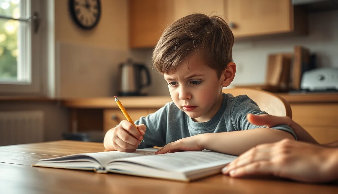 Young child struggling with a workbook at a kitchen table, parent nearby