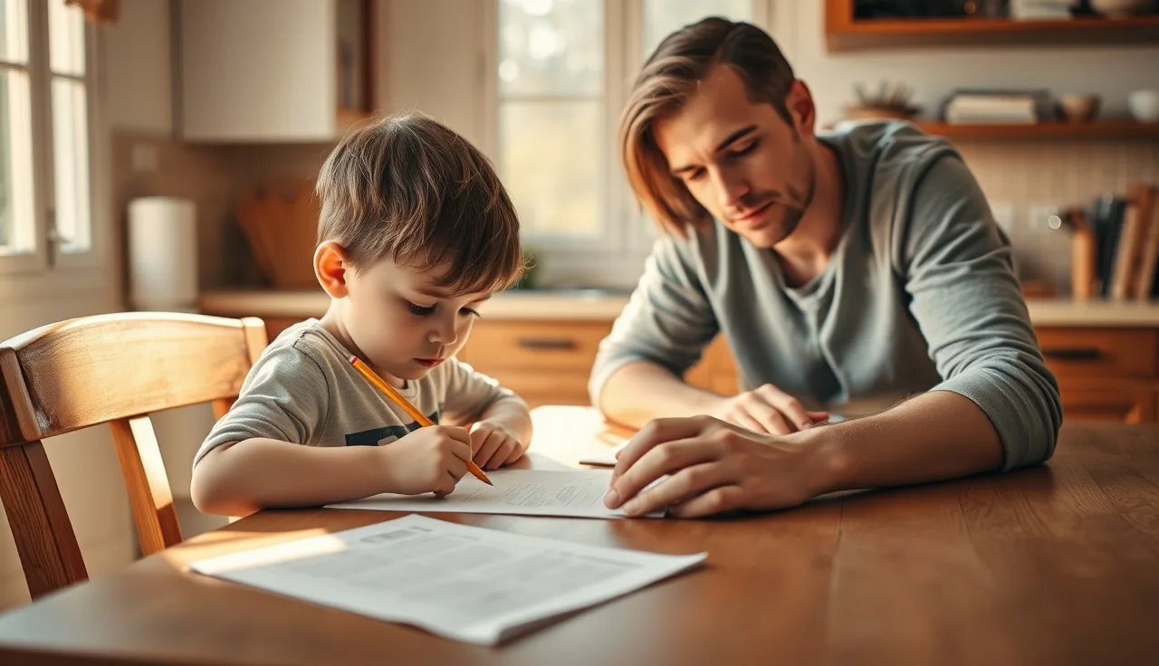 Child and parent working together at a kitchen table on reading materials