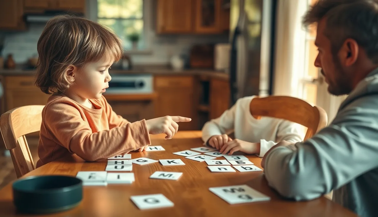 Child and adult working with letter cards during a reading tutoring session