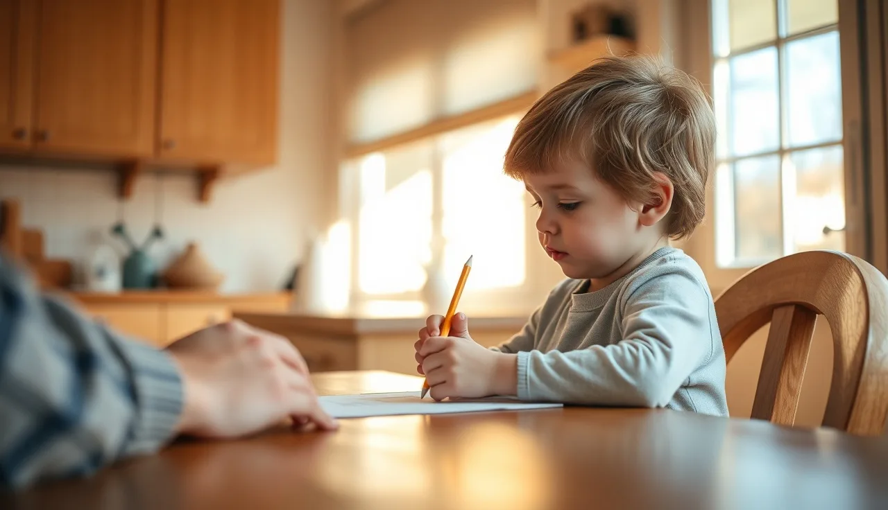 Child working on math at a kitchen table with adult support nearby