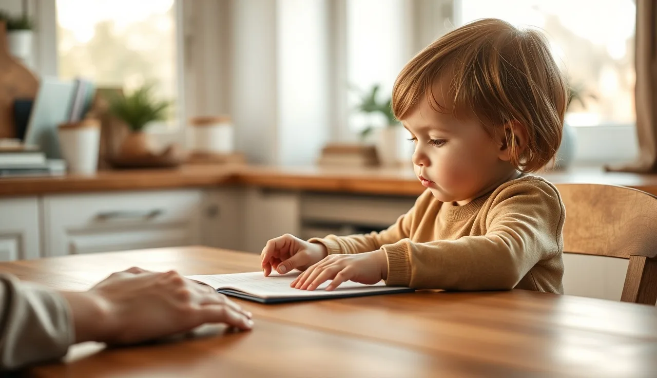 Young child tracing words on a page at a kitchen table with a parent nearby