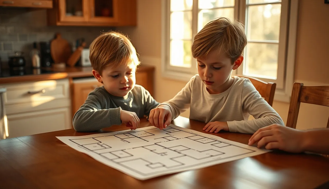 Child and parent studying a hand-drawn spatial diagram at a kitchen table