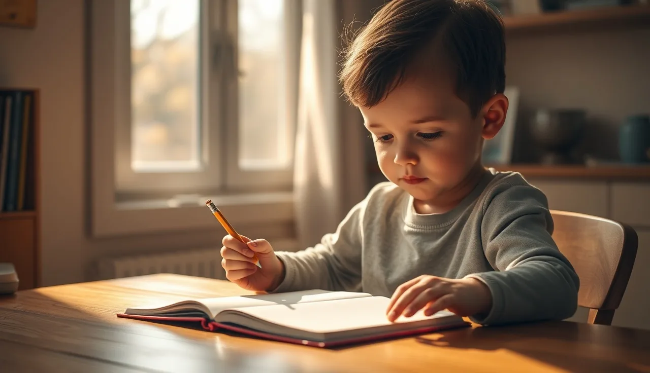 Child studying at kitchen table in morning light, pencil in hand