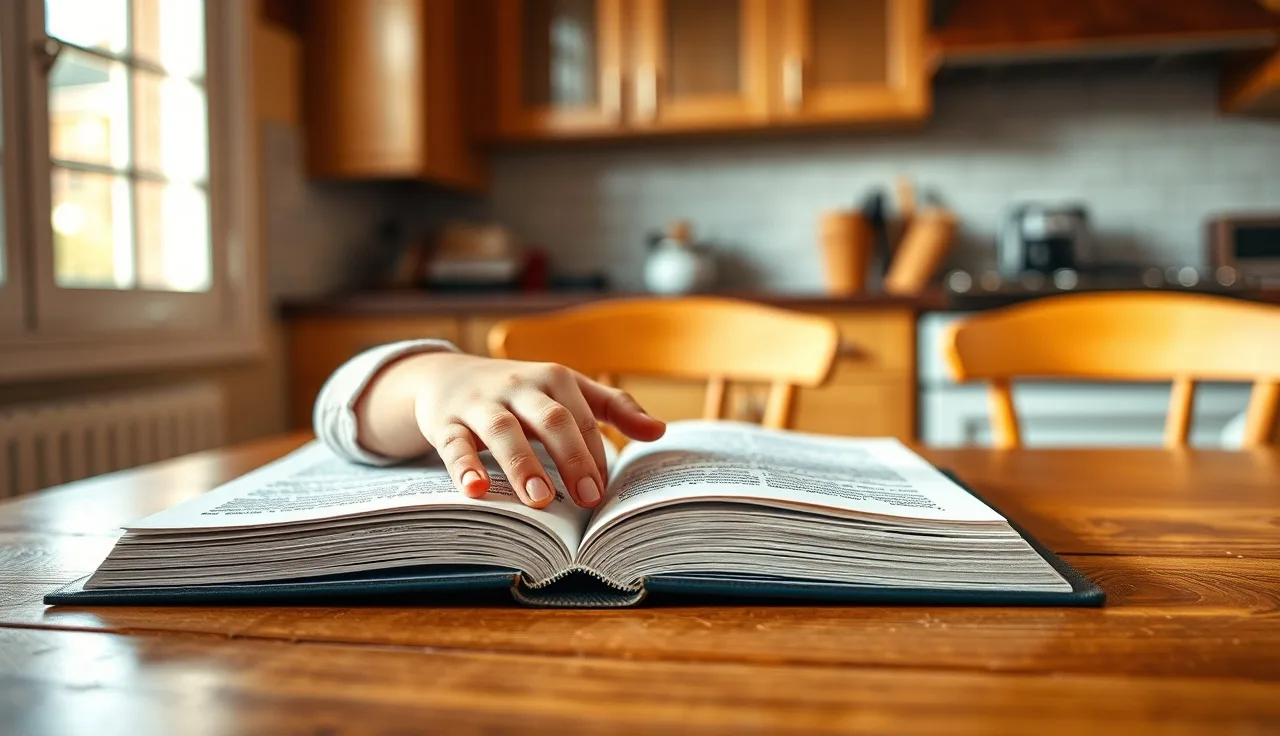 Child's hands on an open book at a sunlit kitchen table