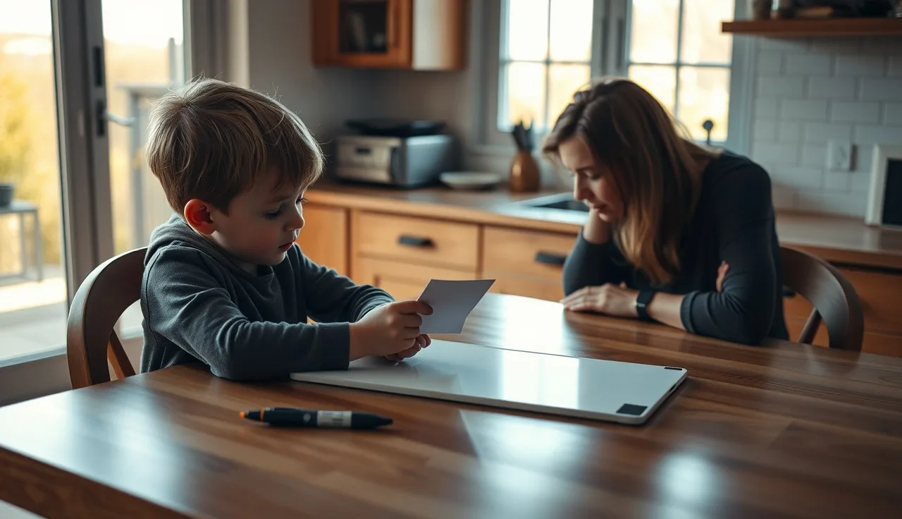 Child holding phonogram card at kitchen table during reading drill session