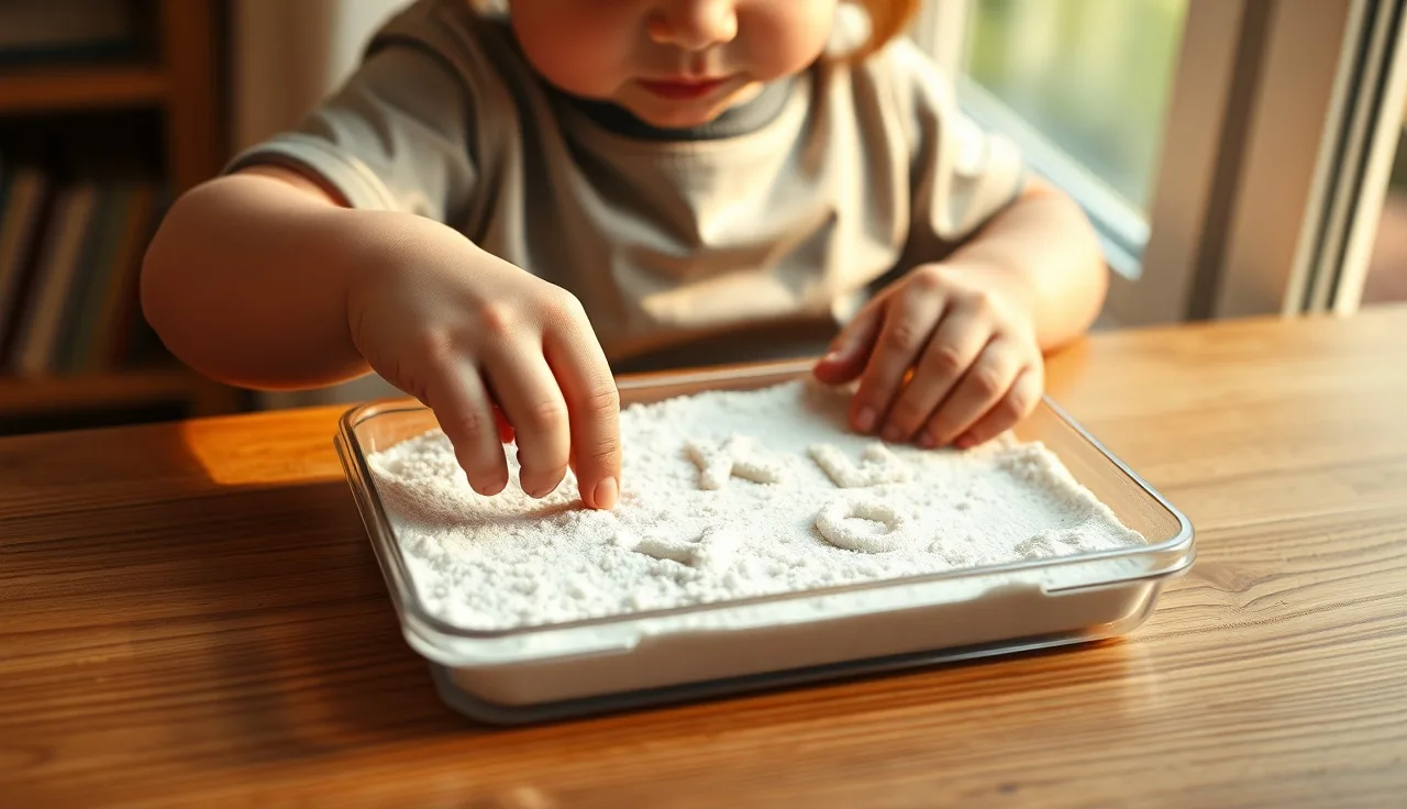 Child tracing letter shapes in a sand tray during a multisensory reading activity