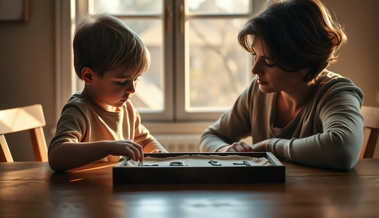 Child tracing letters in a sand tray during a multisensory reading lesson